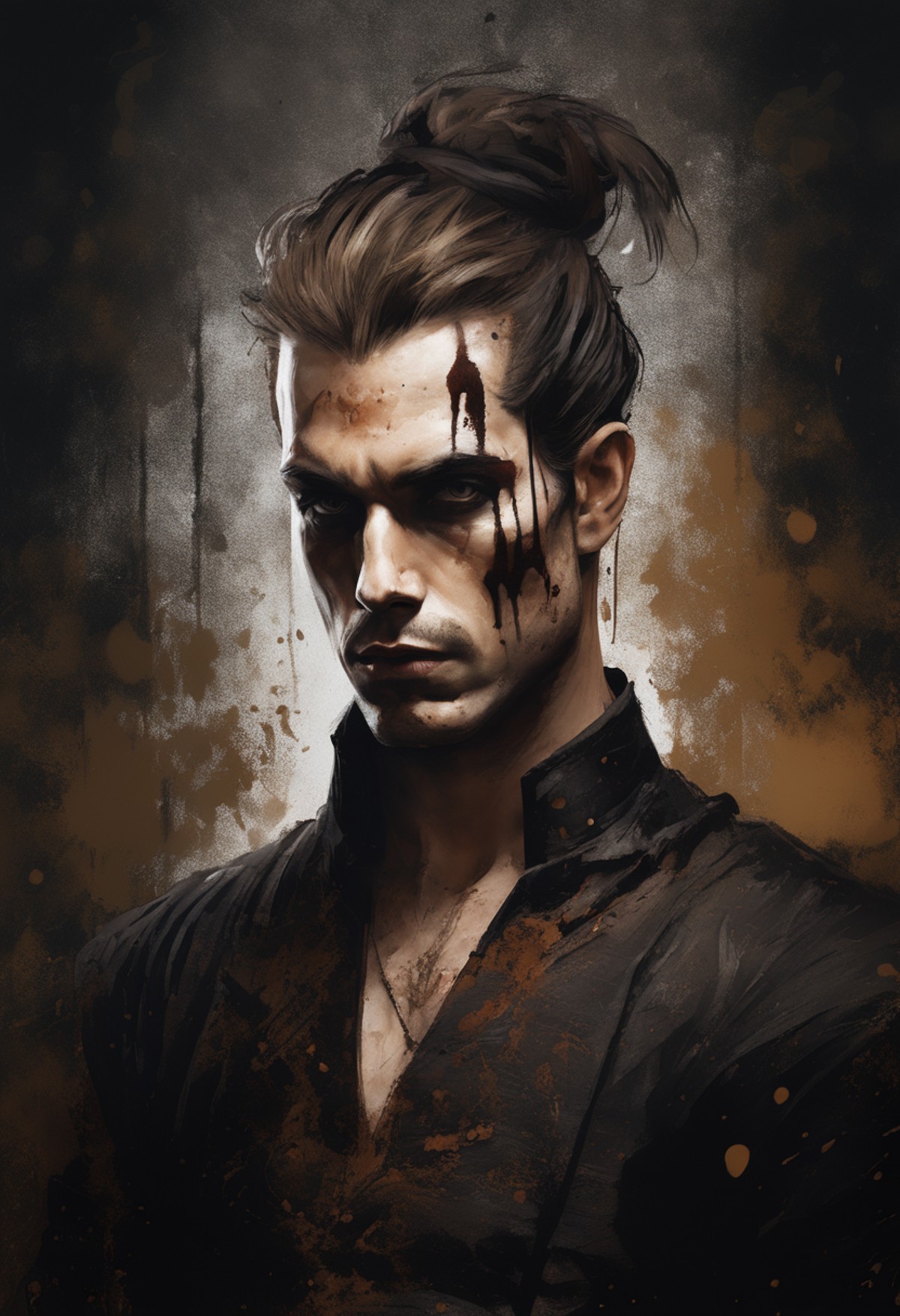 leaning pose character portrait of a medieval male Bohemian vampire warrior wearing dark fantasy silk outfit, hazel eyes, ...